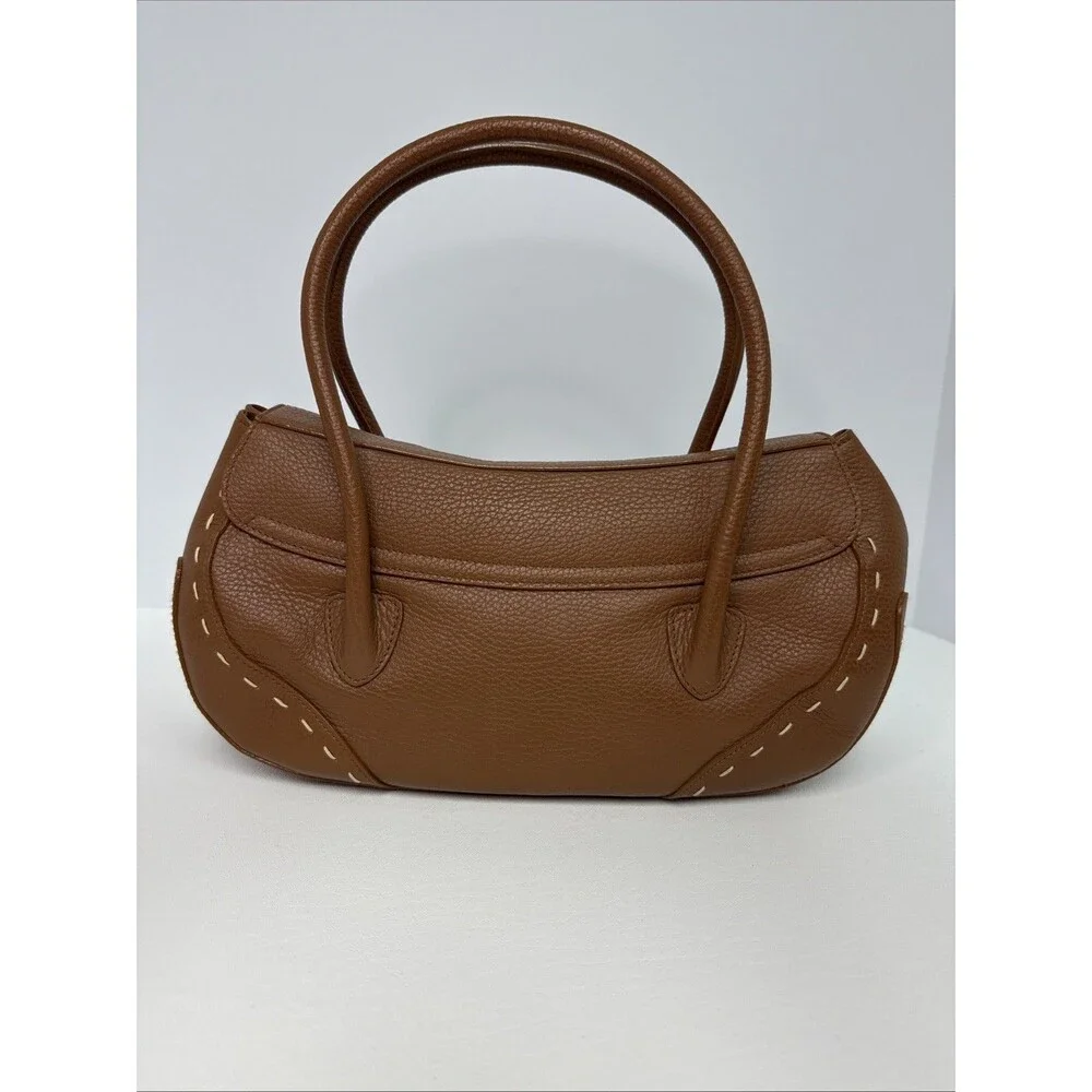 Escada Brown Pebble Leather Stitch Trim Front Flap Gold Hardware Satchel Handbag